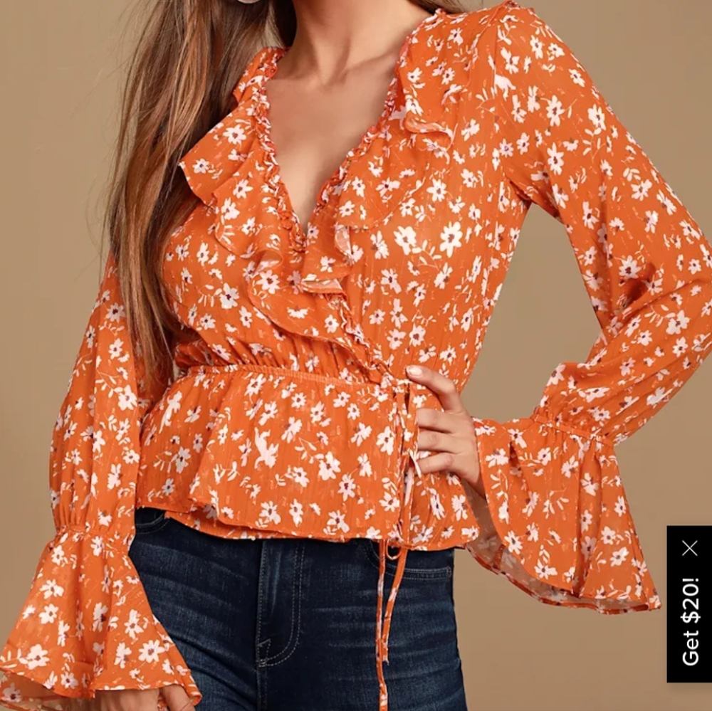 Lulu's Orange Wrap Bell Sleeve Ruffled‎ Blouse Size Medium